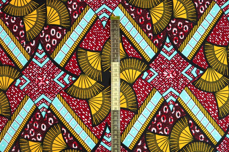 Tecido africano WAX – Padrão geométrico em amarelo e grená - Image 3