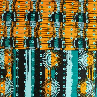 Tecido africano Wax duplo padrão turquesa e laranja de algodão com acabamento brilhante