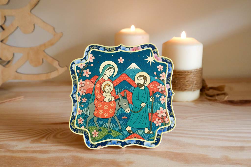 Vista frontal do Presépio japonês com burro em ambiente Natalino