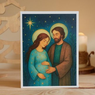 Quadro em madeira de oliveira com a imagem de José e Maria grávida numa prateleira de pinho