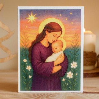 Imagem de Nossa Senhora com Menino Jesus sobre uma prateleira de madeira de pinho