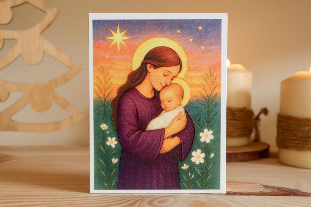 Imagem de Nossa Senhora com Menino Jesus sobre uma prateleira de madeira de pinho