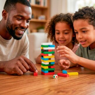 Pai e filhos a brincar com o jogo jenga da Prenda Solidária. Um brinquedo educativo para momentos em família.