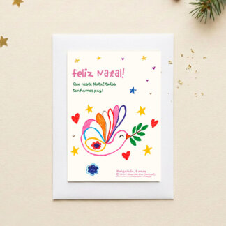Postal de Natal Paz sobre fundo natalício. O postal tem figuras desenhadas por uma criança da Póvoa de Santa Iria