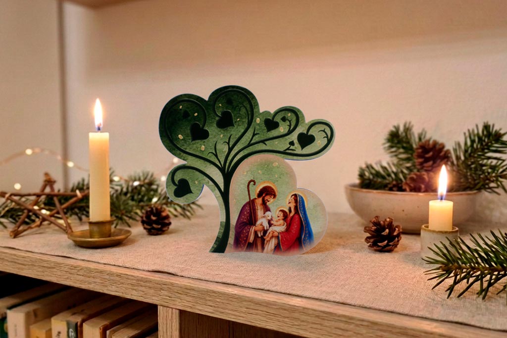 Presépio Família Ternura com José a segurar um cordeiro e o Menino Jesus a rir