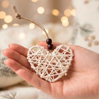 Enfeite de Natal em vime branco nas mão de uma mulher que assegura com gesto delicado