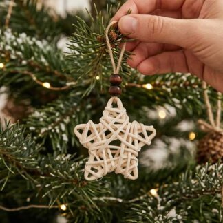 Estrela de Natal em vime branco numa árvore de Natal