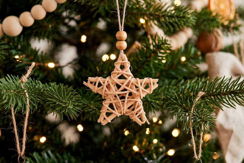 Estrela de Natal em vime bege numa árvore de Natal